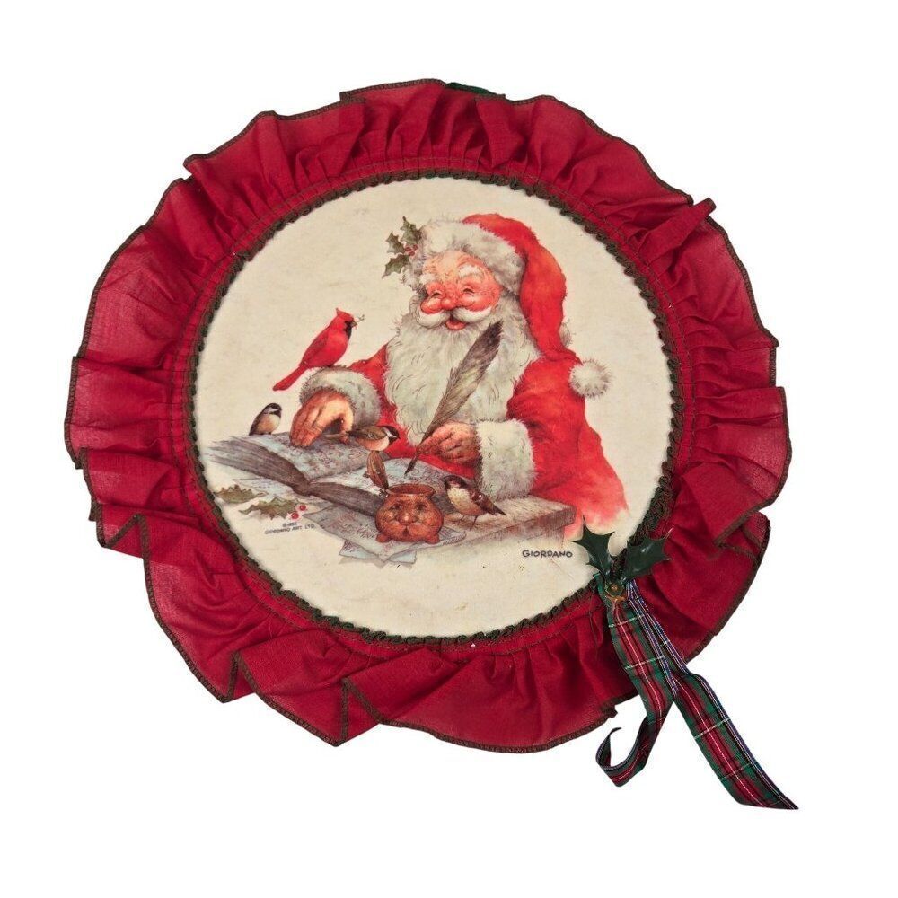 Vintage 80s Giordano Santa Claus Christmas Wall Hanging Red Ruffles